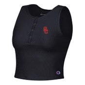 USC Trojans Women's Champion Black SC Interlock Tailgate Ottoman Rib Henley Crop Top